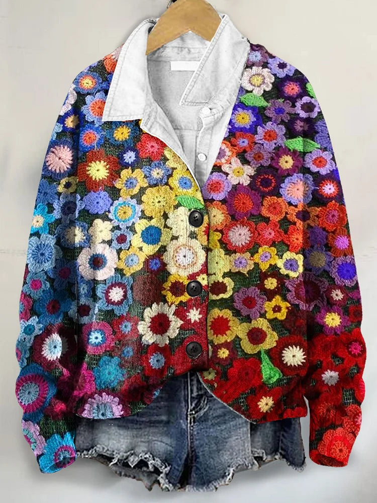 V-Neck Cardigan Sweater with Colorful Floral Art Print and Button Details