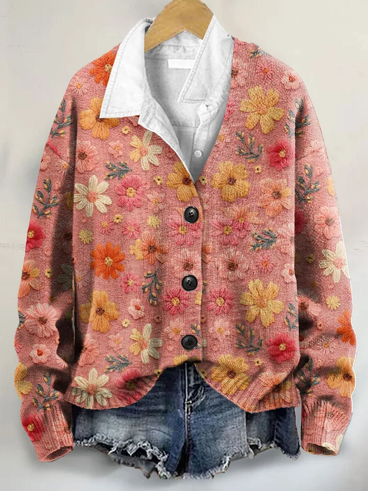 Retro Floral Print Button-Up V-Neck Cardigan Sweater