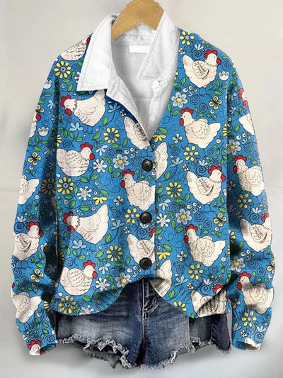 Charming Chicken Enthusiast Art Print Button-Up V-Neck Cardigan