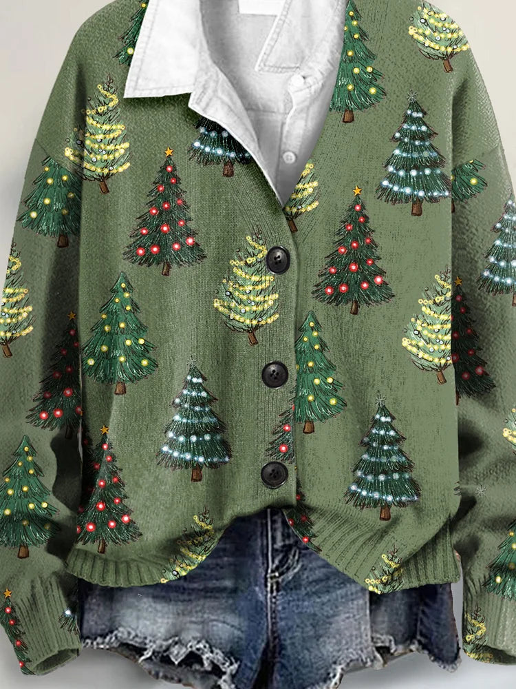Charming Christmas Tree Art Print V-Neck Cardigan Sweater with Buttons