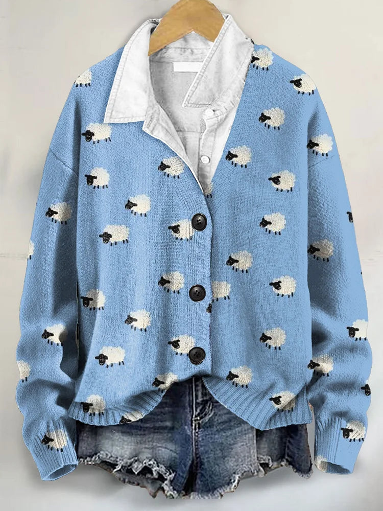 Adorable Black Sheep Art Print V-Neck Cardigan Sweater with Buttons