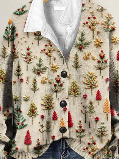 Adorable Christmas Tree Art Print Button-Up V-Neck Cardigan Sweater
